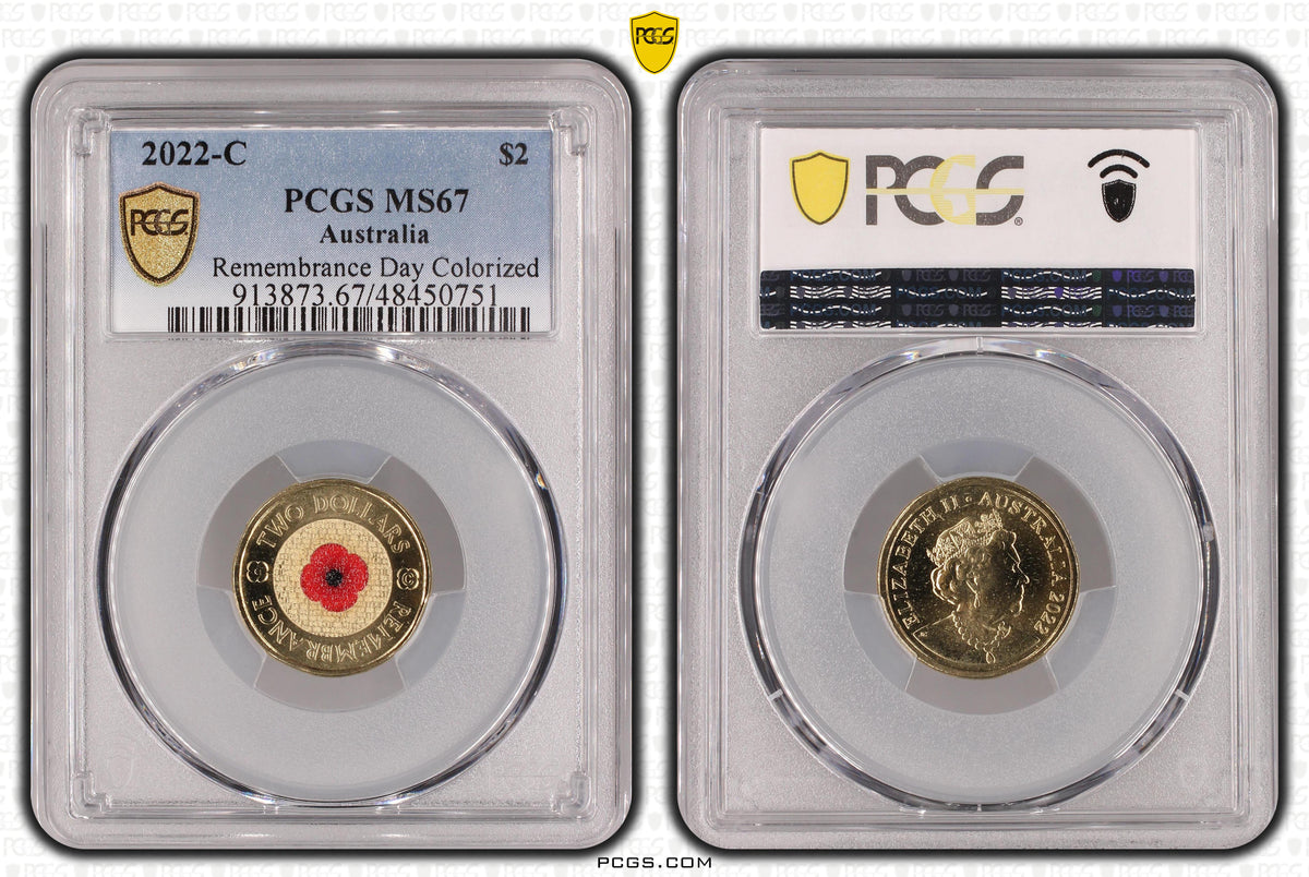 Certification image: PCGS photograph showing both sides of the Australia 2022-C Remembrance Day $2 coin, graded MS67, certification 48450751.