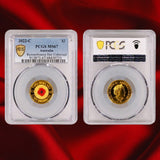 Both sides: Front and back views of the Australia 2022-C red poppy $2 coin in its PCGS MS67 holder on red satin.