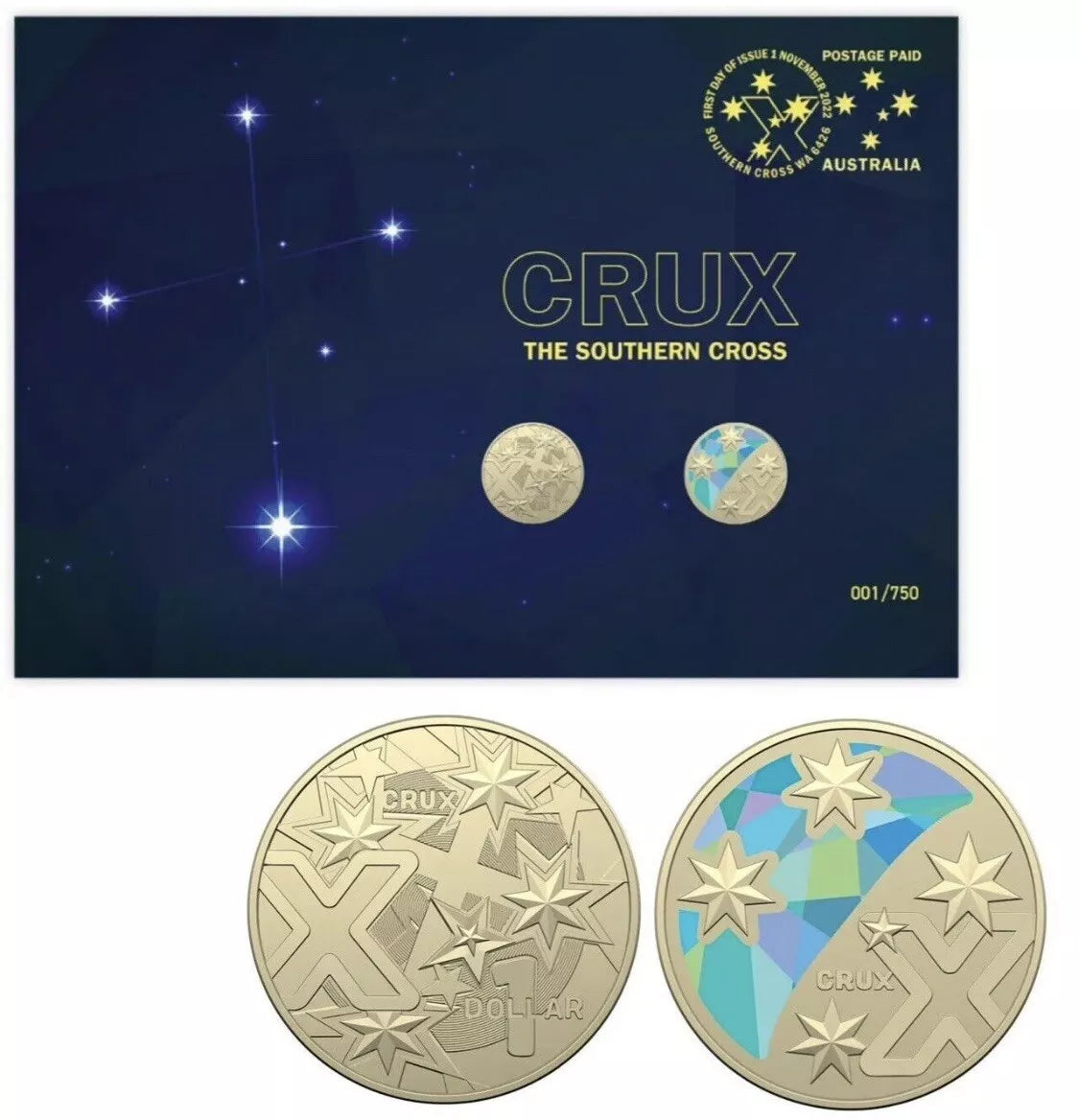 Two gold coins with star design and 'CRUX' branding, displayed against a blue card with star constellation illustration.