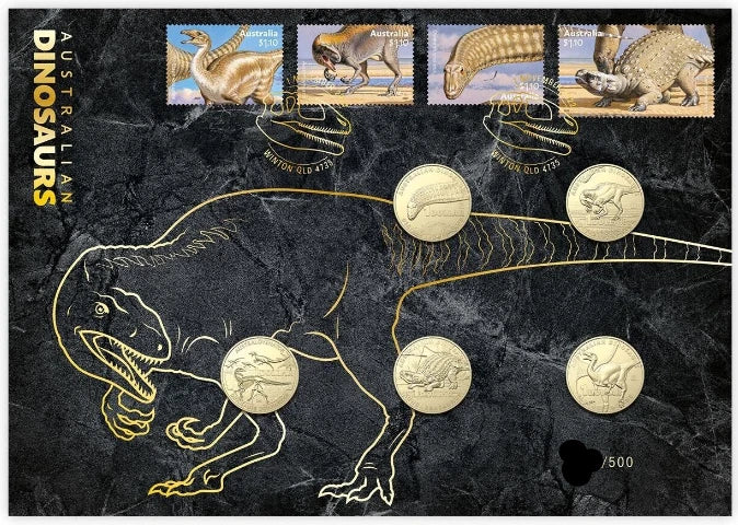 Collectible coins featuring dinosaur illustrations on a dark background with 'Australian Dinosaurs' text.