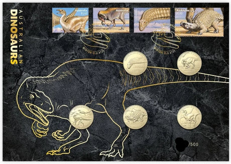 Collectible coins featuring dinosaur illustrations on a dark background with 'Australian Dinosaurs' text.