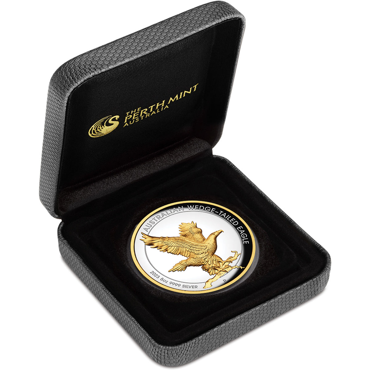 Australia 2023 $8 Australian Wedge-tailed Eagle 5oz .9999 Silver Proof High Relief Gilded Perth Mint Case
