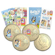 Australia 2024 $1 Bluey Dollarbucks Al-Br Coloured 3 Coin Set Coins and Card showing Reverse side of three coins and the Obverse, the cards and the Coin Packs