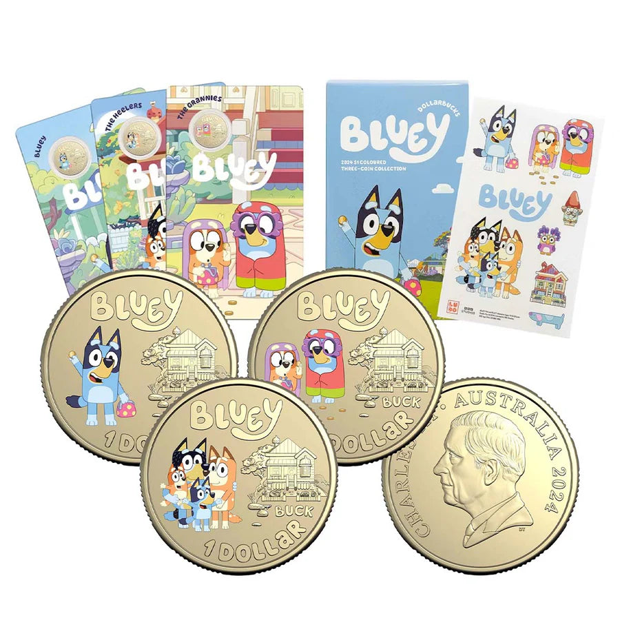 Australia 2024 $1 Bluey Dollarbucks Al-Br Coloured 3 Coin Set Coins and Card showing Reverse side of three coins and the Obverse, the cards and the Coin Packs