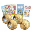 Australia 2024 Bluey Dollarbucks coloured $1 three-coin set showing Bluey, the Heelers, the Grannies and King Charles III, with cards, envelope and sticker sheet.