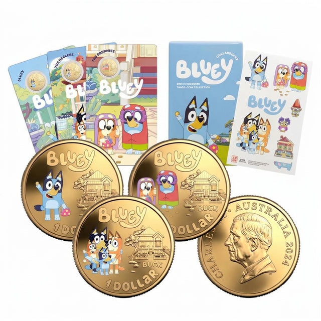 Australia 2024 Bluey Dollarbucks coloured $1 three-coin set showing Bluey, the Heelers, the Grannies and King Charles III, with cards, envelope and sticker sheet.