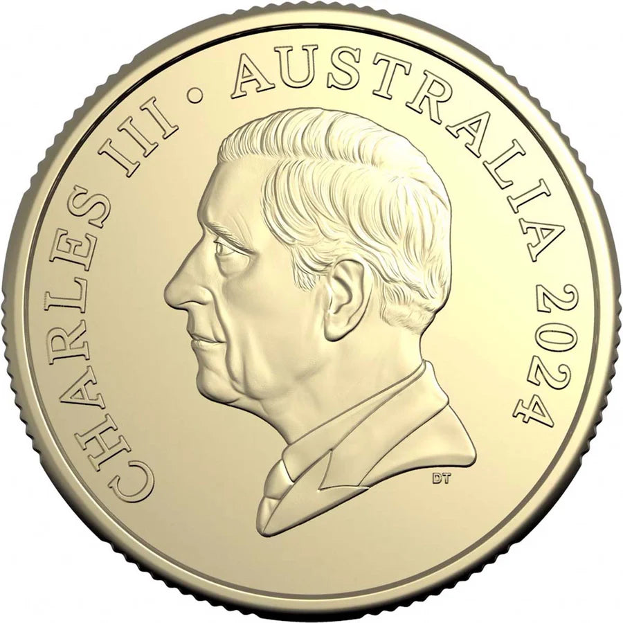 Australia 2024 $1 Bluey Dollarbucks Al-Br Coloured Uncirculated Coin Obverse Showing the effigy of King Charles III and the words of: CHARLES III AUSTRALIA 2024