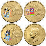 Australia 2024 Bluey Dollarbucks three-coin set showing coloured Bluey, Heelers and Grannies reverses alongside the King Charles III obverse.