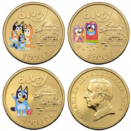 Australia 2024 Bluey Dollarbucks three-coin set showing coloured Bluey, Heelers and Grannies reverses alongside the King Charles III obverse.