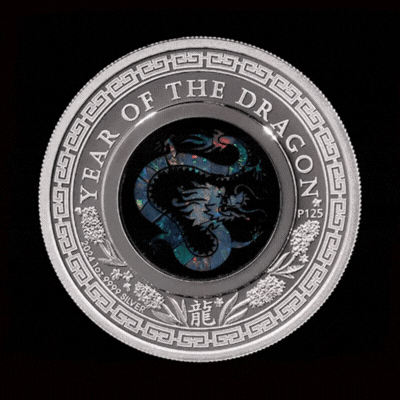 Australia 2024 $1 Lunar Year of the Dragonr Opal 1oz 99.99% Silver Proof Coin Perth Mint Gif of Rotating Coin