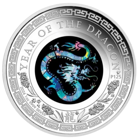 Australia 2024 $1 Lunar Year of the Dragonr Opal 1oz 99.99% Silver Proof Coin Perth Mint  Reverse depicting Opal Dragon on a black background.
