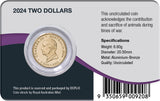 Back of the 2024 Remembrance War Animals coin pack, showing the mounted obverse, coin specifications and Royal Australian Mint attribution.