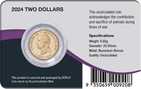 Back of the 2024 Remembrance War Animals coin pack, showing the mounted obverse, coin specifications and Royal Australian Mint attribution.