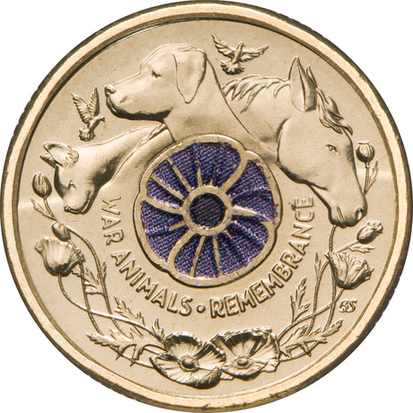 Reverse of Australia’s 2024 $2 War Animals coin, featuring a purple poppy surrounded by a dog, horse, donkey, pigeons and floral details.