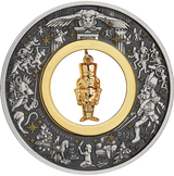 A silver coin with a Christmas-themed design featuring a gold-plated nutcracker figurine at its center, surrounded by stars and other festive imagery.