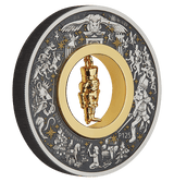 Close angled reverse of the Christmas Nutcracker coin showing festive relief, P125 mintmark and gold-plated figurine