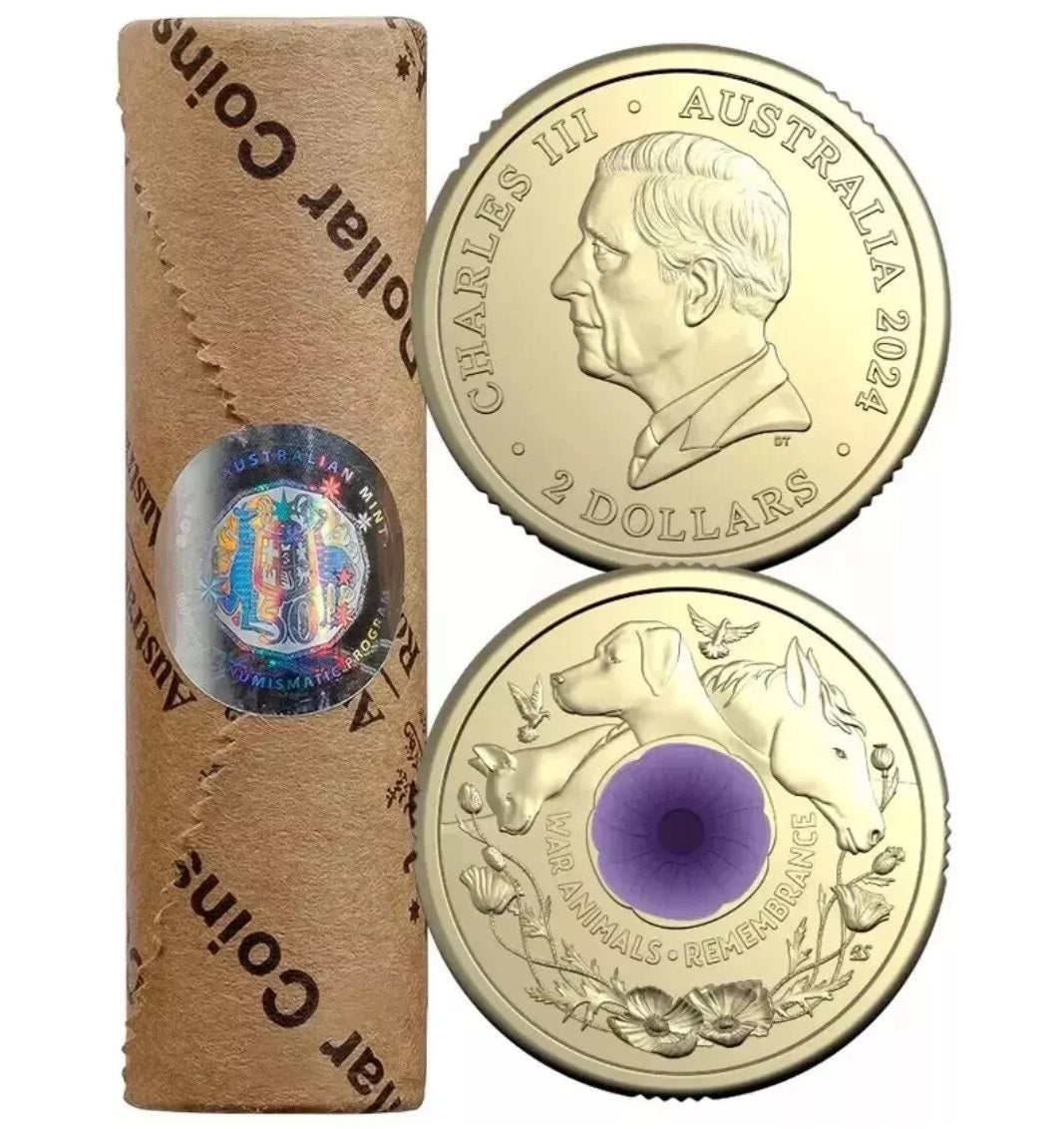 Roll and coin views: Australia 2024 $2 War Animals Remembrance purple poppy coin, showing the RAM-wrapped roll, King Charles III obverse and animal-themed reverse.