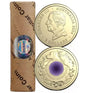 Roll and coin views: Australia 2024 $2 War Animals Remembrance purple poppy coin, showing the RAM-wrapped roll, King Charles III obverse and animal-themed reverse.