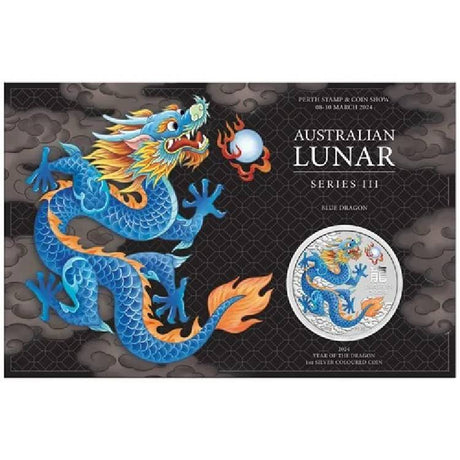 Australia 2024 Lunar Series III $1 Year of the Dragon Blue 1oz .9999 Silver Coin in Card Perth Mint
