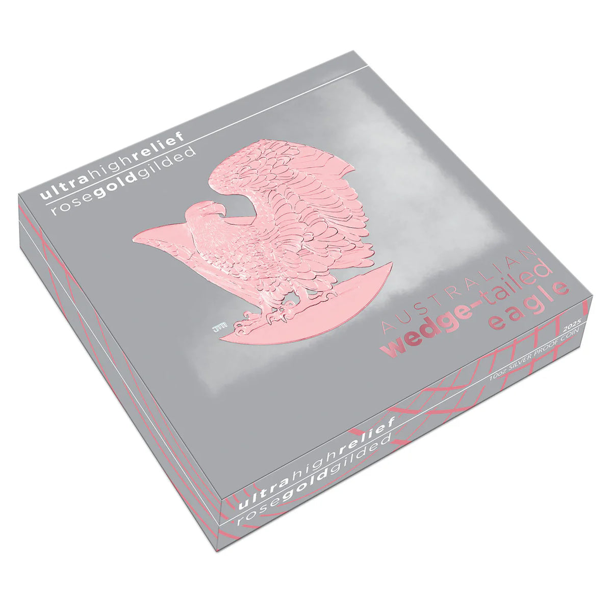 Silver box with a pink wedge-tailed eagle design on a white background
