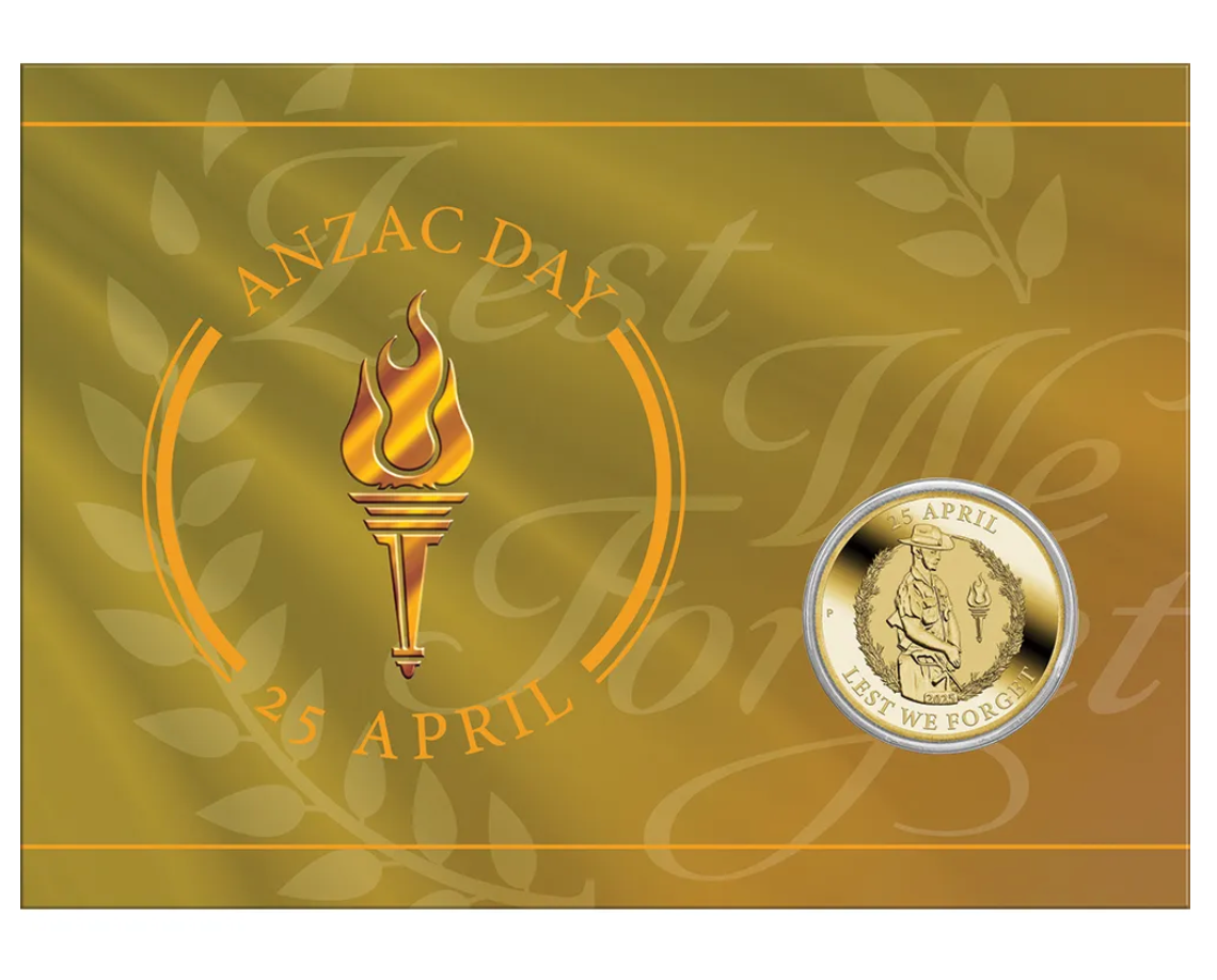 Gold coin with ANZAC Day design on a matching background