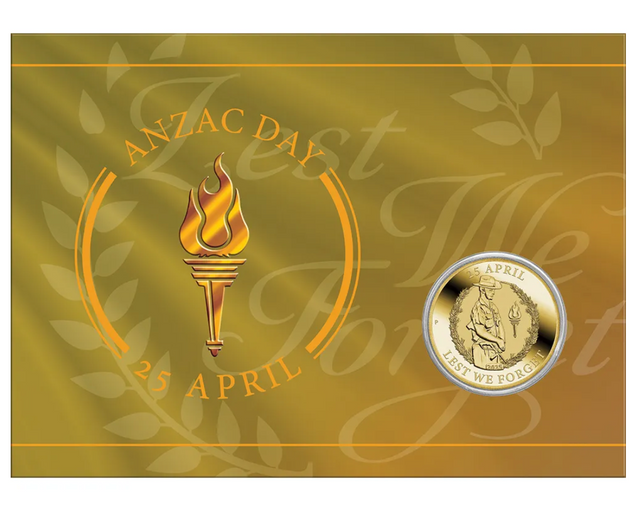 Gold coin with ANZAC Day design on a matching background