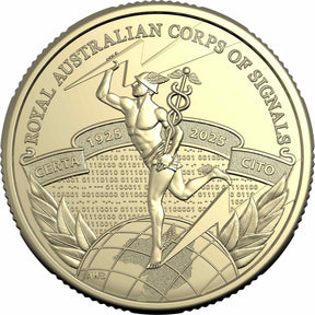 Reverse side of an Australian $1 coin commemorating the centenary of the Royal Australian Corps of Signals, featuring an image of Mercury and coding messages.