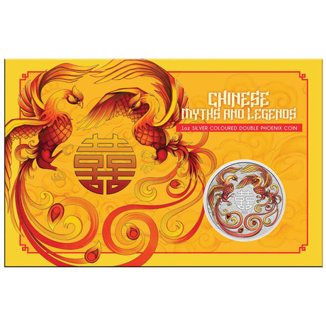 Double happiness silver colored double phoenix coins in card from Chinese Myths and Legends series on a yellow background. 