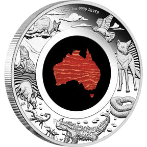 Silver coin with Australian animals and a map of Australia on a white background