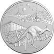 Silver coin with kangaroo design and scenic background