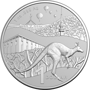 Silver coin with kangaroo design and scenic background