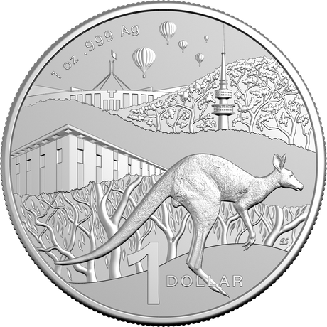Silver coin with kangaroo design and scenic background