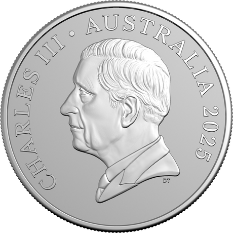 Silver coin with a profile of a person, 'Charles III', 'Australia', and '2025' on a white background.