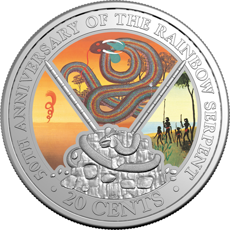 Silver coin commemorating the 50th anniversary of the Rainbow Serpent with a colorful design on a white background.