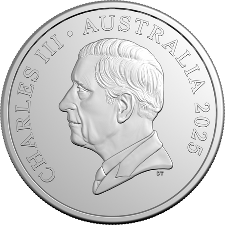 Silver coin with a profile of a person and text 'Charles III Australia 2025' on a white background