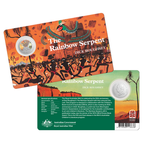 Coin and book cover set featuring 'The Rainbow Serpent' by Dick Roughsey, with Australian Government branding.