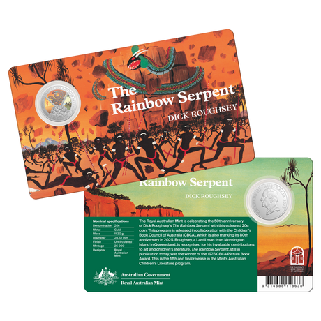 Coin and book cover set featuring 'The Rainbow Serpent' by Dick Roughsey, with Australian Government branding.