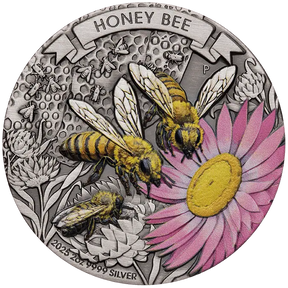 Silver coin featuring honey bees and a flower, with 'Honey Bee' text at the top.