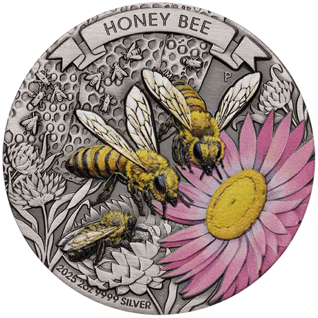 Silver coin featuring honey bees and a flower, with 'Honey Bee' text at the top.