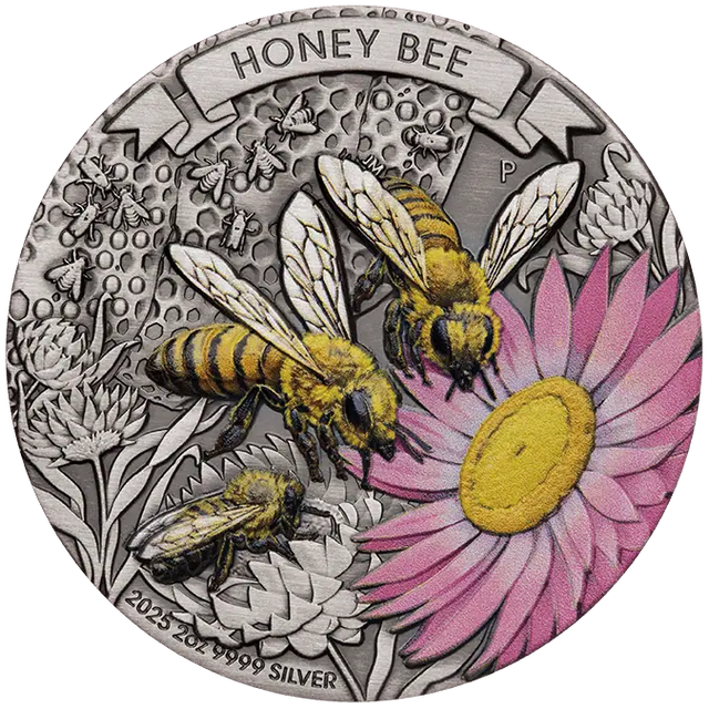 Silver coin featuring honey bees and a flower, with 'Honey Bee' text at the top.