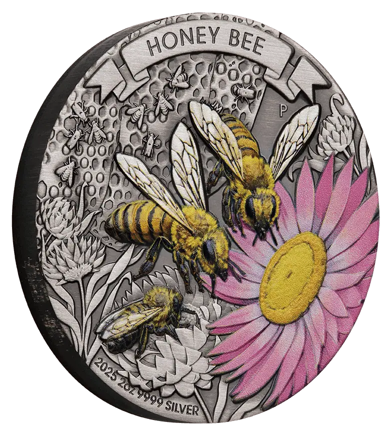 Silver coin featuring honey bees and a flower, with 'Honey Bee' text at the top.