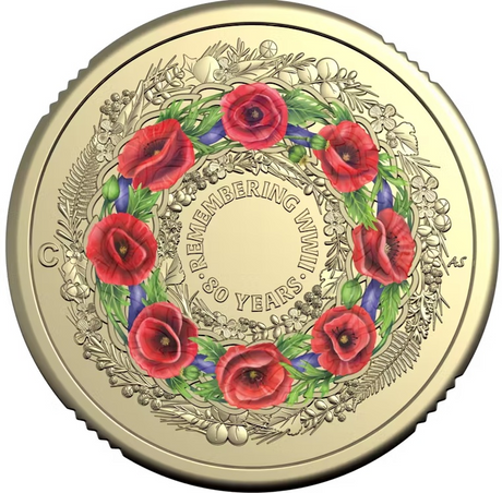 Coin reverse: Eight coloured red poppies in a wreath around “Remembering WWII 80 Years”, with C mintmark.