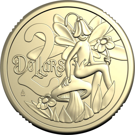 Reverse of the Australian $2 Tooth Fairy coin showing a winged fairy seated on a mushroom, holding a flower beside the 2 Dollars inscription.