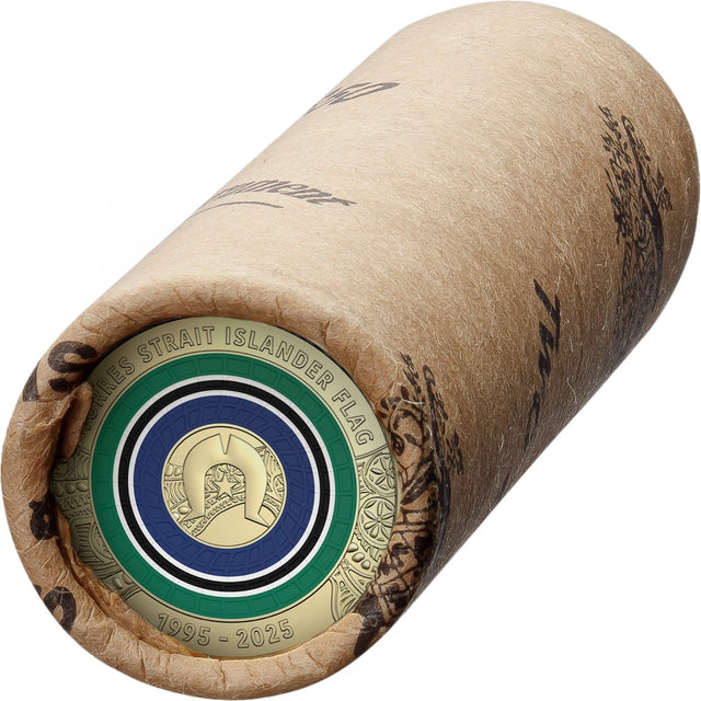 Coin in a cardboard tube roll with a Torres Strait Islander flag design on a white background