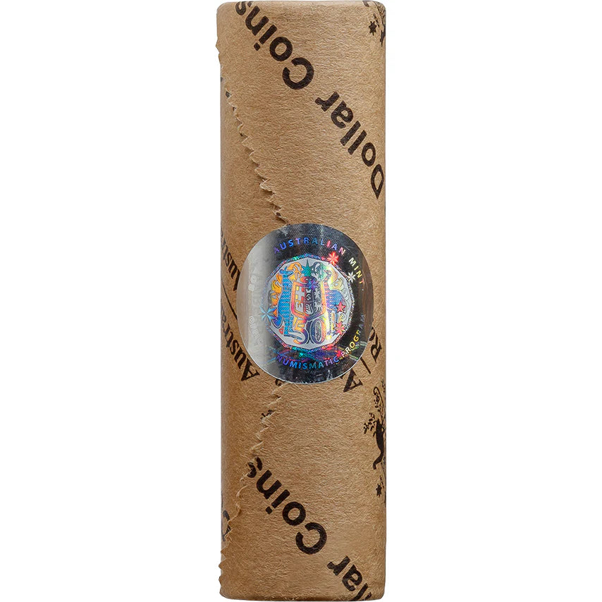 Australia 2025 $2 Torres Strait Islander Flag 30th Anniversary Aluminium-Bronze 25-Coin Coloured Uncirculated Premium RAM Mint Coin Roll. A round Hologram Security label seals the roll shut.