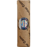 Australia 2025 $2 Torres Strait Islander Flag 30th Anniversary Aluminium-Bronze 25-Coin Coloured Uncirculated Premium RAM Mint Coin Roll. A round Hologram Security label seals the roll shut.