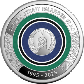 Silver coin with Torres Strait Islander flag design and text 'Torres Strait Islander Flag' and '1995-2025'. Reverse Side.