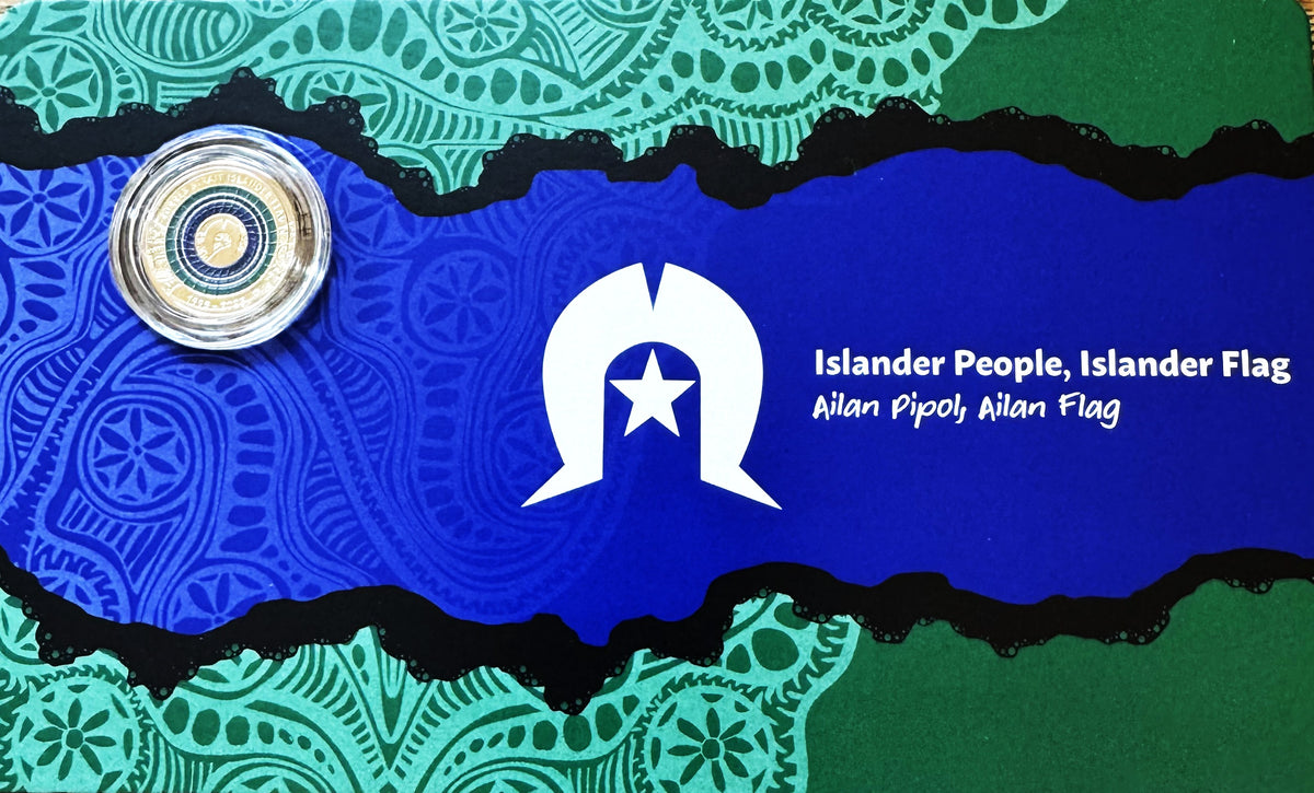 Torres Strait Islander People flag with a star symbol and text on a blue and green background