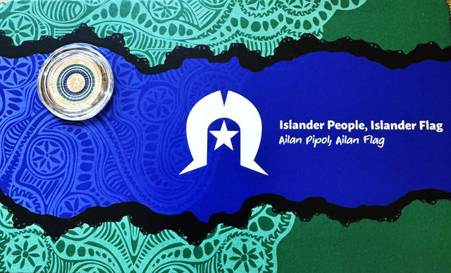 Torres Strait Islander People flag with a star symbol and text on a blue and green background