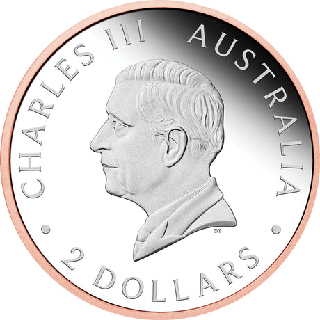 Silver coin with a profile of Charles III and text 'Charles III Australia 2 Dollars' on a white background
